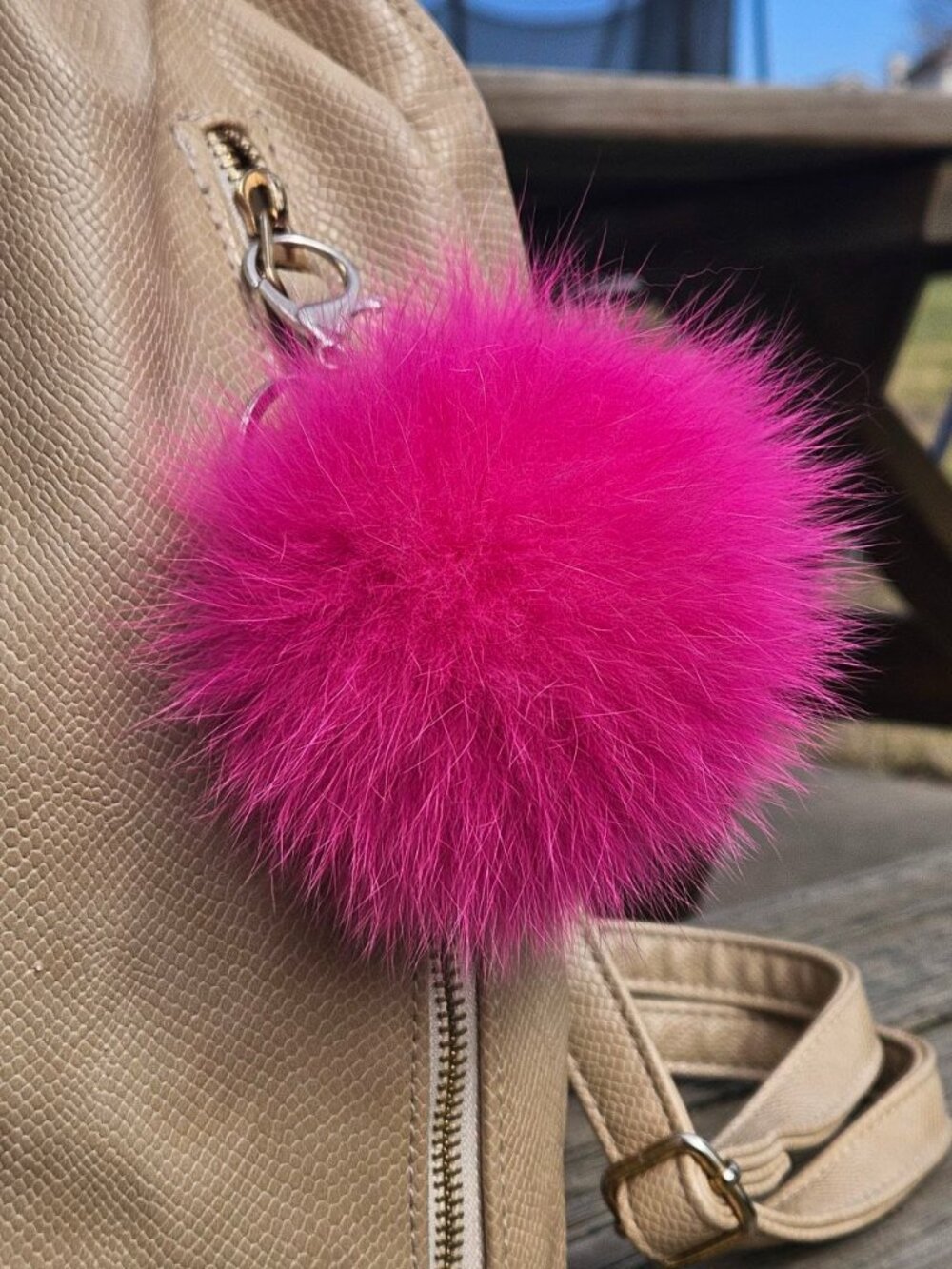 Fuchsia Real Fox Fur Bag Charm, Soft Fur Keychain